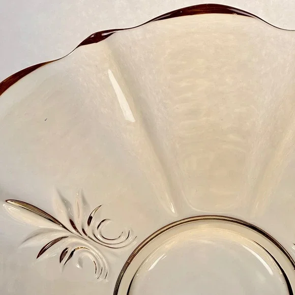 Vintage Amber Glass Scalloped Edge Dessert Cake‎ Stand Tray Floral Etched Topaz - Picture 12 of 16